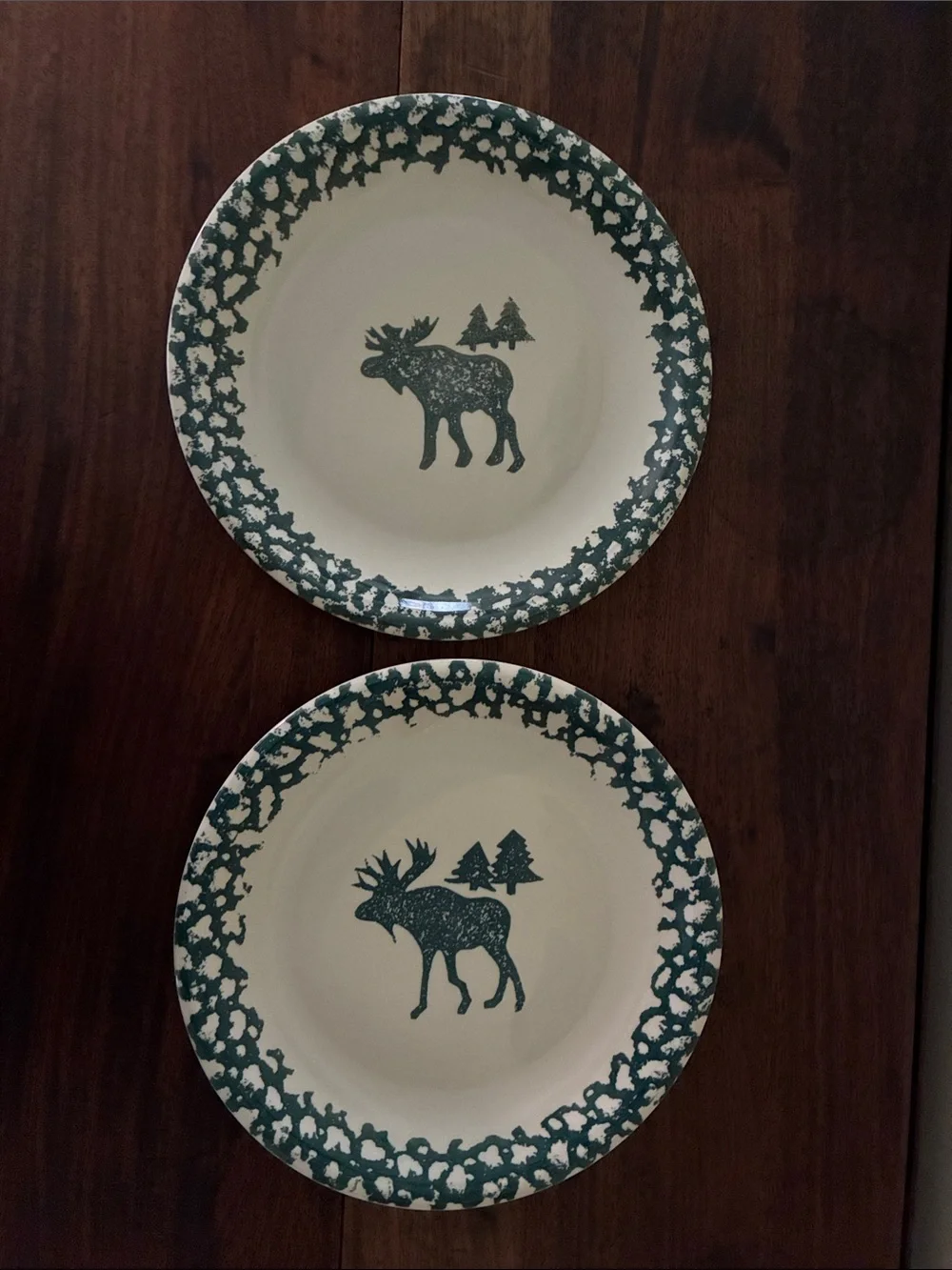 Set of 2 Folk Craft Moose Country by Tienshan Green Dinner Plates